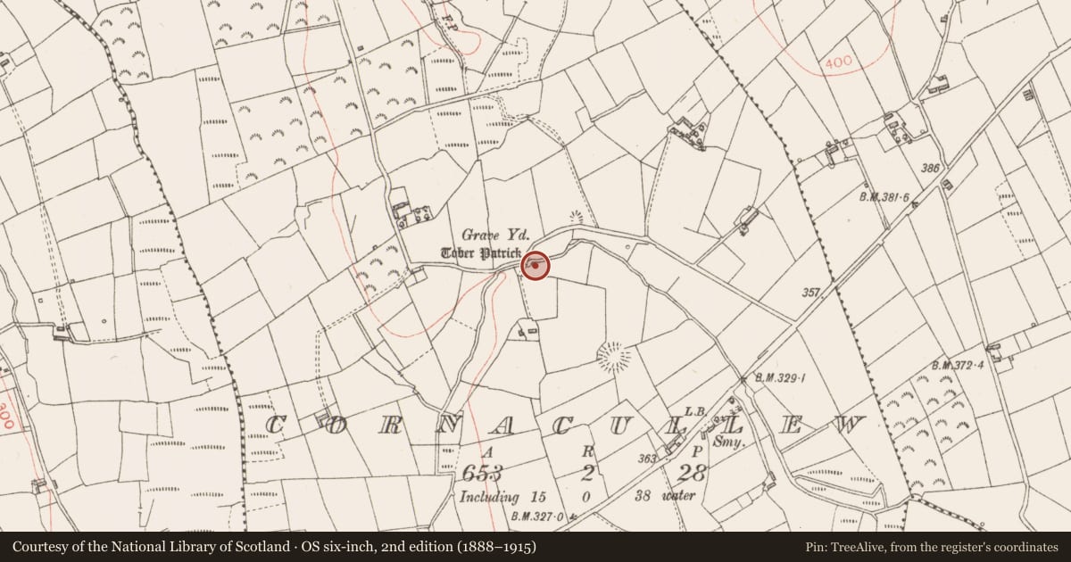 Ordnance Survey six-inch map, 2nd edition (1888–1915) covering the location of Cross, Cornacullew, County Longford, with a pin at the register's coordinates