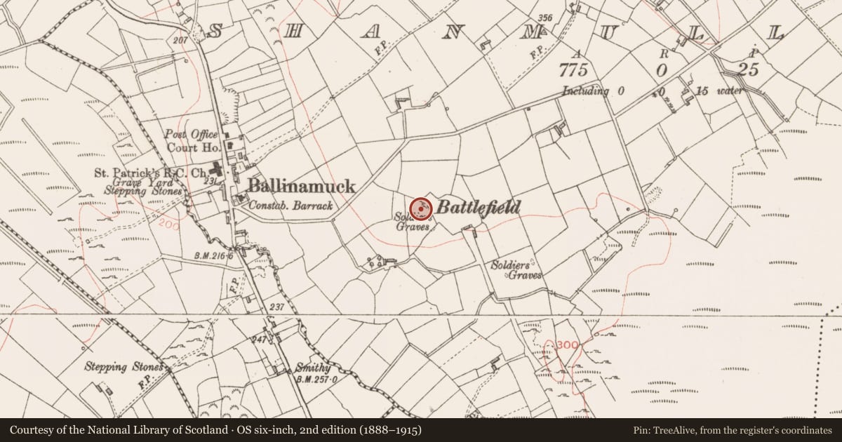 Ordnance Survey six-inch map, 2nd edition (1888–1915) covering the location of Burial, Shanmullagh, County Longford, with a pin at the register's coordinates