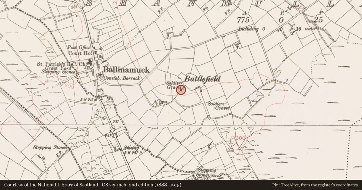 Ordnance Survey six-inch map, 2nd edition (1888–1915) covering the location of Burial, Shanmullagh, County Longford, with a pin at the register's coordinates