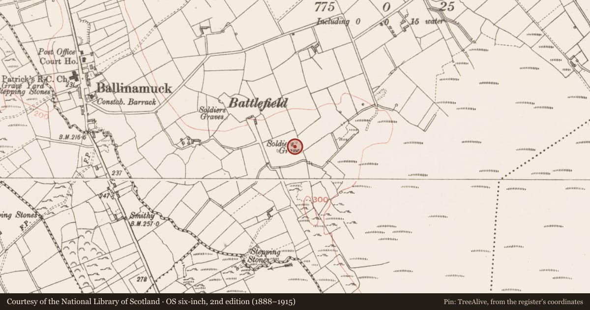 Ordnance Survey six-inch map, 2nd edition (1888–1915) covering the location of Burial, Shanmullagh, County Longford, with a pin at the register's coordinates