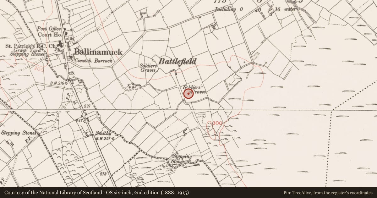 Ordnance Survey six-inch map, 2nd edition (1888–1915) covering the location of Burial, Shanmullagh, County Longford, with a pin at the register's coordinates