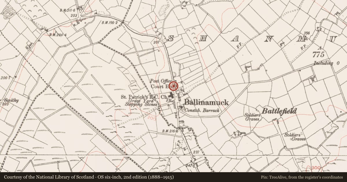 Ordnance Survey six-inch map, 2nd edition (1888–1915) covering the location of Souterrain, Shanmullagh, County Longford, with a pin at the register's coordinates