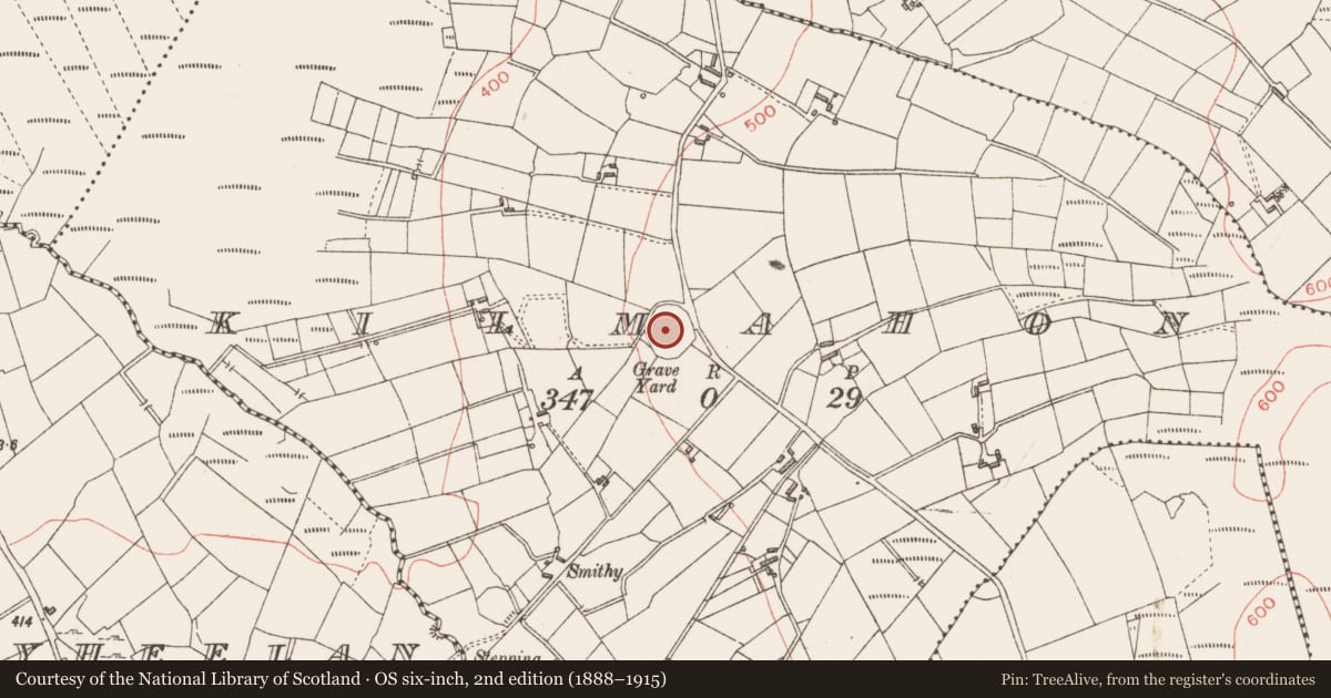 Ordnance Survey six-inch map, 2nd edition (1888–1915) covering the location of Graveyard, Kilmahon, County Longford, with a pin at the register's coordinates