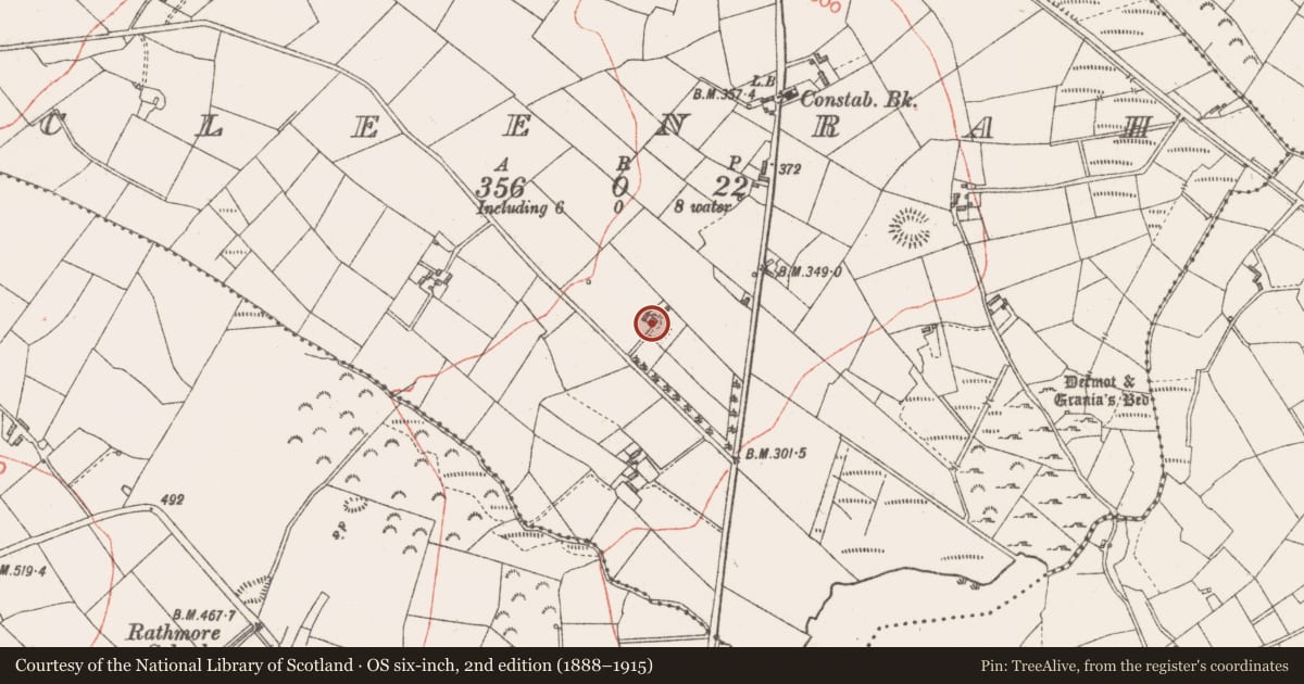 Ordnance Survey six-inch map, 2nd edition (1888–1915) covering the location of Enclosure, Cleenrah, County Longford, with a pin at the register's coordinates