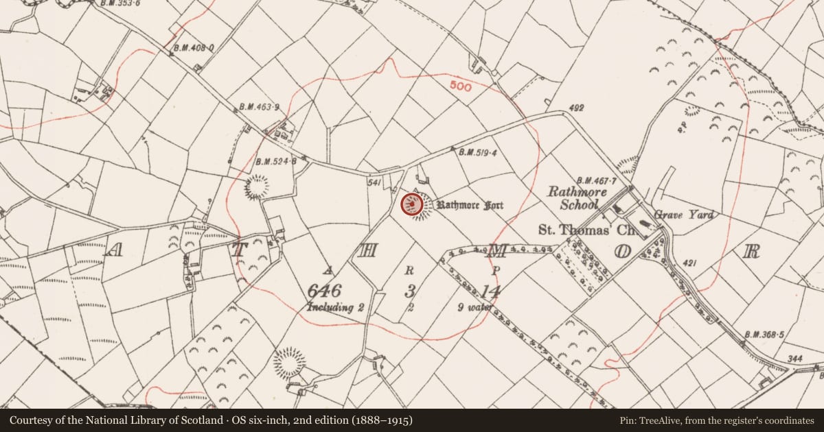 Ordnance Survey six-inch map, 2nd edition (1888–1915) covering the location of Ringfort - rath, Rathmore, County Longford, with a pin at the register's coordinates