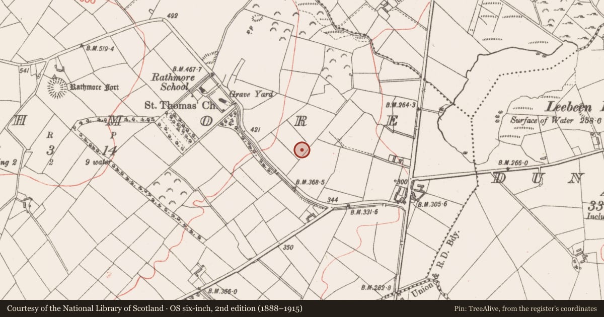 Ordnance Survey six-inch map, 2nd edition (1888–1915) covering the location of Ringfort - rath, Rathmore, County Longford, with a pin at the register's coordinates
