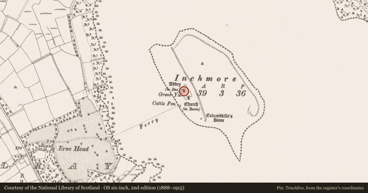 Ordnance Survey six-inch map, 2nd edition (1888–1915) covering the location of Graveyard, Inchmore Island, County Longford, with a pin at the register's coordinates