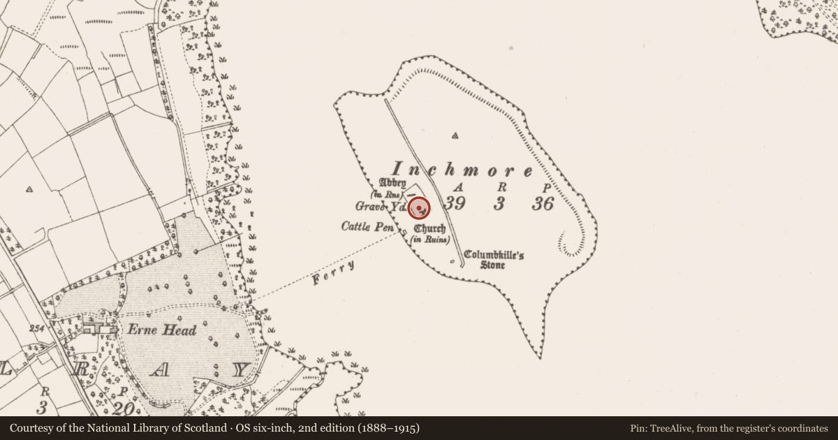 Ordnance Survey six-inch map, 2nd edition (1888–1915) covering the location of Church, Inchmore Island, County Longford, with a pin at the register's coordinates