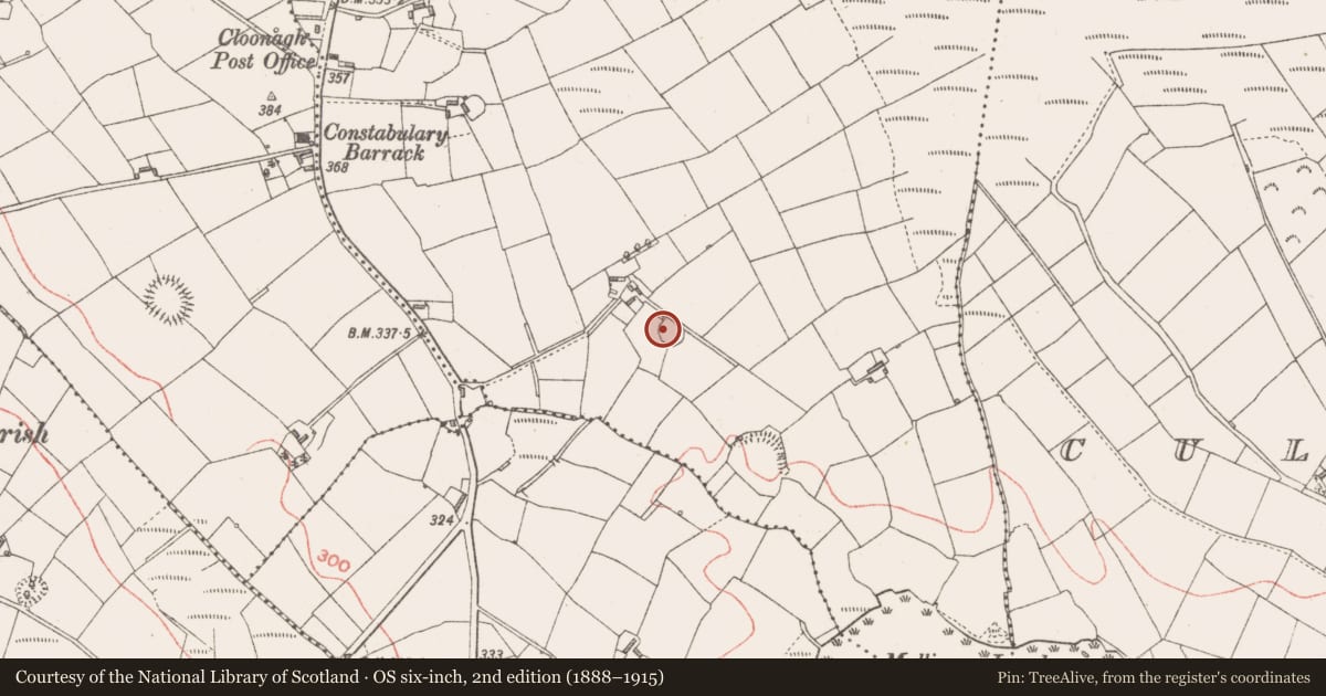Ordnance Survey six-inch map, 2nd edition (1888–1915) covering the location of Enclosure, Cloonagh, County Longford, with a pin at the register's coordinates