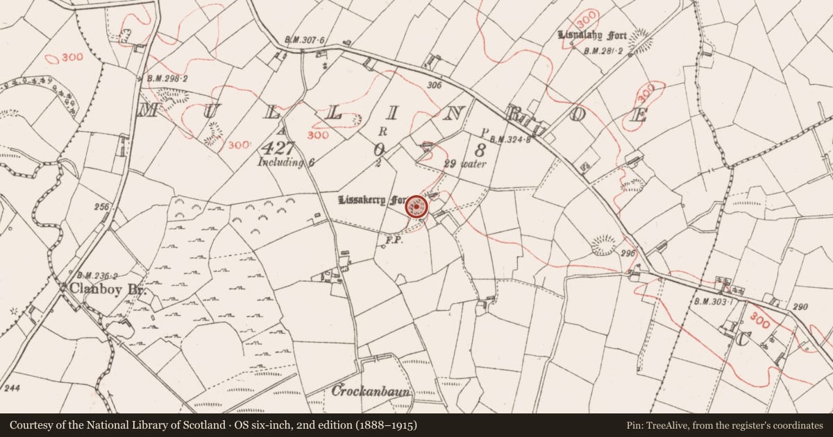 Ordnance Survey six-inch map, 2nd edition (1888–1915) covering the location of Ringfort - rath, Mullinroe, County Longford, with a pin at the register's coordinates