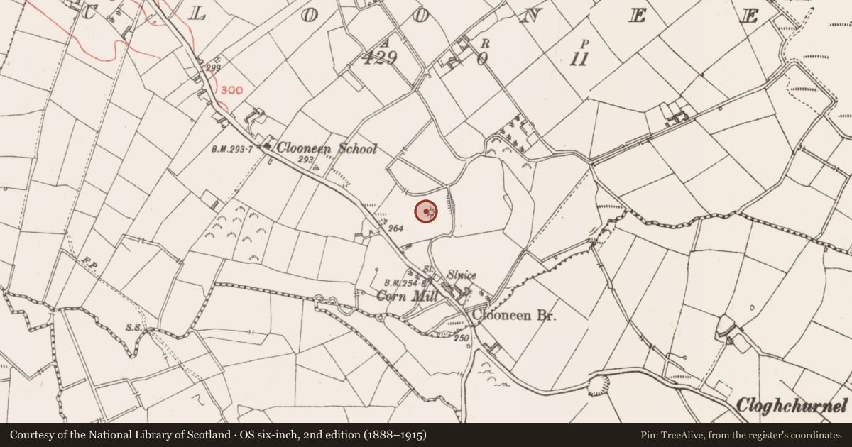 Ordnance Survey six-inch map, 2nd edition (1888–1915) covering the location of Barrow - mound barrow, Clooneen, County Longford, with a pin at the register's coordinates