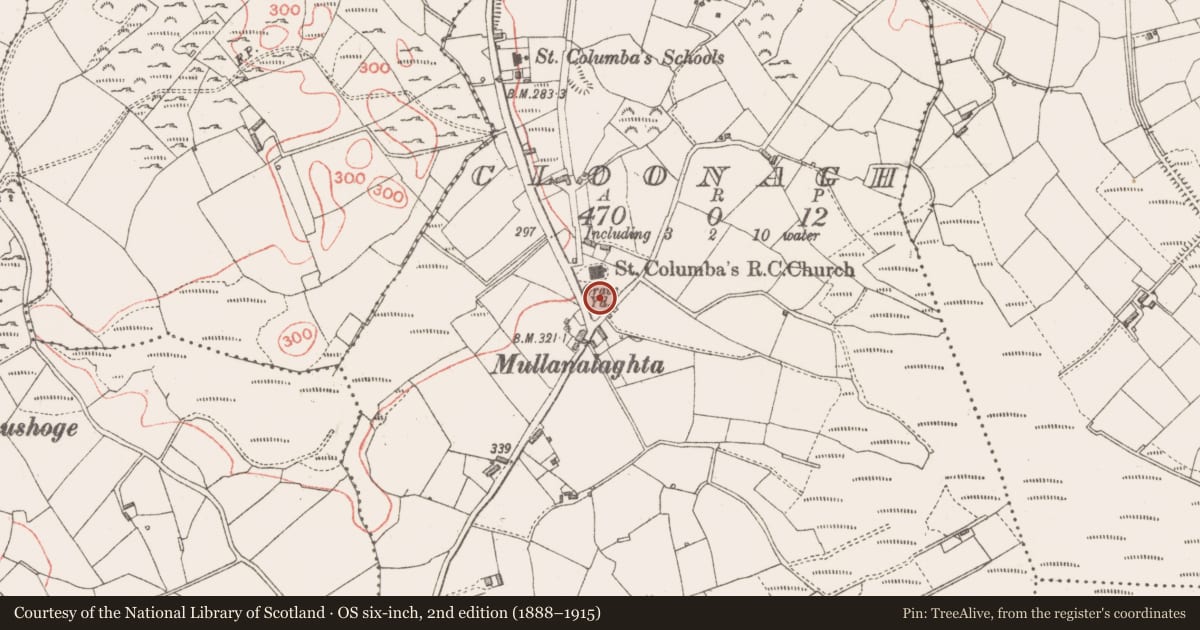 Ordnance Survey six-inch map, 2nd edition (1888–1915) covering the location of Church, Cloonagh, County Longford, with a pin at the register's coordinates