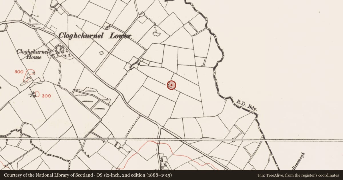 Ordnance Survey six-inch map, 2nd edition (1888–1915) covering the location of Standing stone, Cloghchurnel, County Longford, with a pin at the register's coordinates