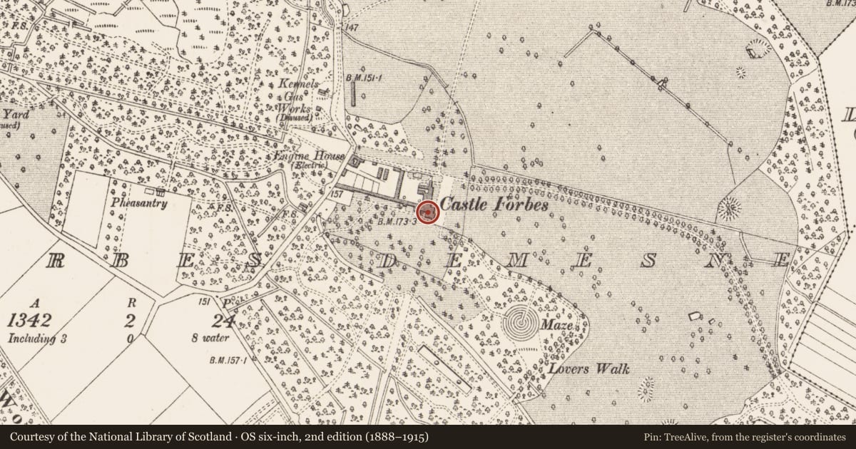 Ordnance Survey six-inch map, 2nd edition (1888–1915) covering the location of House - 17th century, Castleforbes Demesne, County Longford, with a pin at the register's coordinates