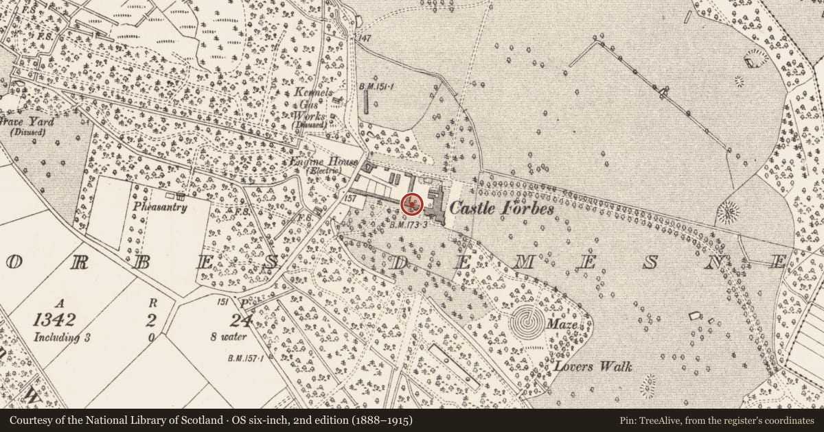 Ordnance Survey six-inch map, 2nd edition (1888–1915) covering the location of Dovecote, Castleforbes Demesne, County Longford, with a pin at the register's coordinates