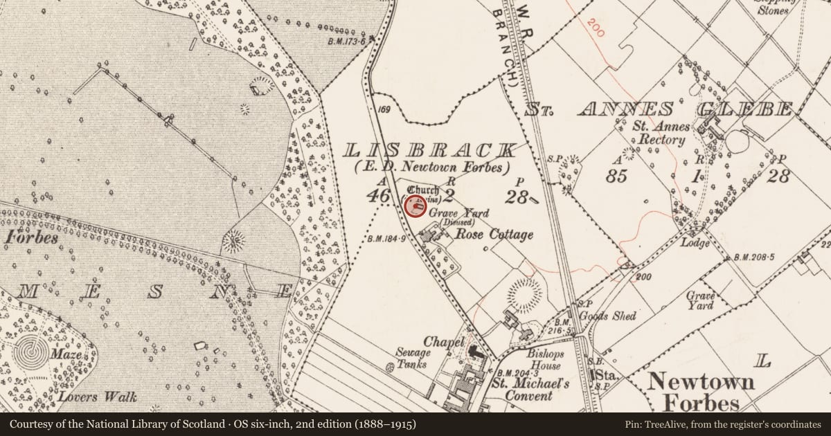Ordnance Survey six-inch map, 2nd edition (1888–1915) covering the location of Church, Lisbrack, County Longford, with a pin at the register's coordinates