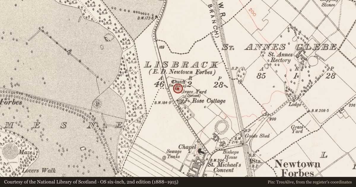 Ordnance Survey six-inch map, 2nd edition (1888–1915) covering the location of Graveyard, Lisbrack, County Longford, with a pin at the register's coordinates