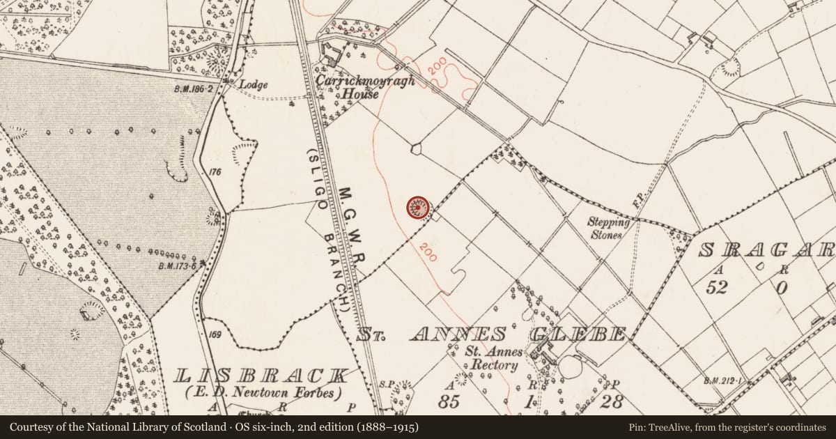 Ordnance Survey six-inch map, 2nd edition (1888–1915) covering the location of Ringfort - rath, Carrickmoyragh, County Longford, with a pin at the register's coordinates
