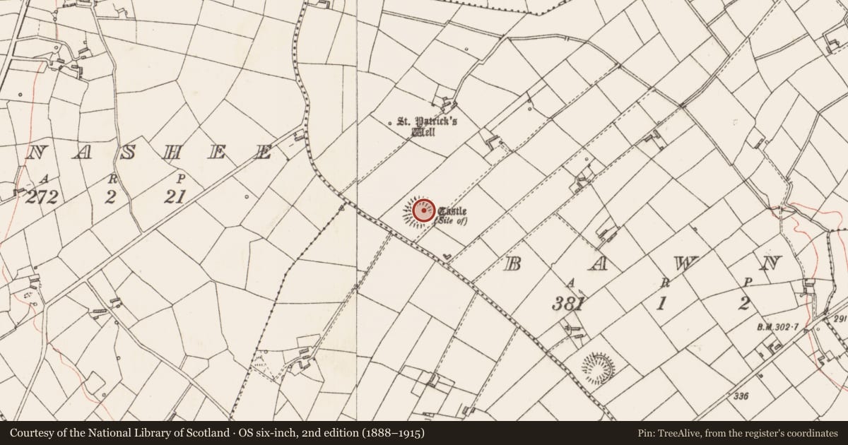 Ordnance Survey six-inch map, 2nd edition (1888–1915) covering the location of Castle - unclassified, Bawn, County Longford, with a pin at the register's coordinates