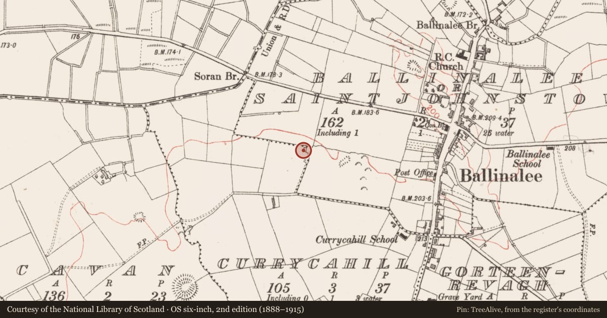 Ordnance Survey six-inch map, 2nd edition (1888–1915) covering the location of Bawn, Currycahill, County Longford, with a pin at the register's coordinates