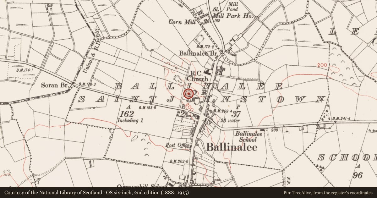 Ordnance Survey six-inch map, 2nd edition (1888–1915) covering the location of Burial ground, Ballinalee Or Saintjohnstown, County Longford, with a pin at the register's coordinates