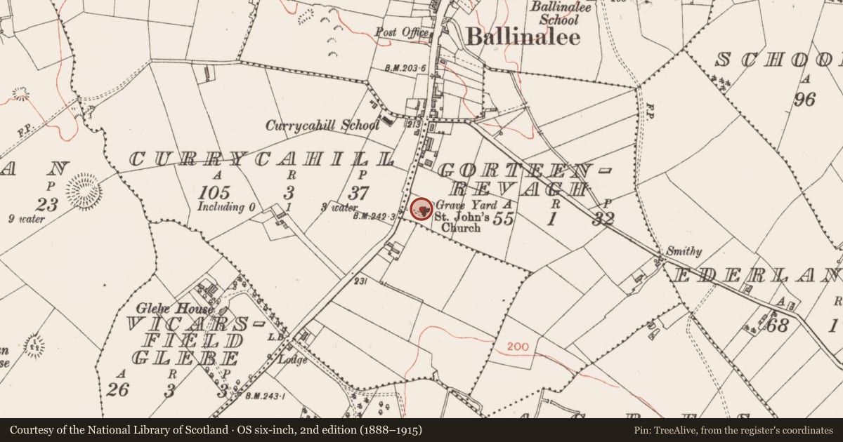 Ordnance Survey six-inch map, 2nd edition (1888–1915) covering the location of Church, Gorteenrevagh, County Longford, with a pin at the register's coordinates
