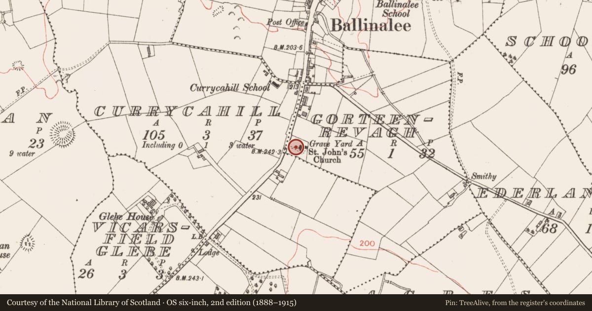 Ordnance Survey six-inch map, 2nd edition (1888–1915) covering the location of Graveyard, Gorteenrevagh, County Longford, with a pin at the register's coordinates