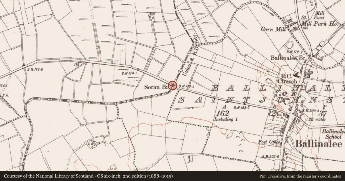Ordnance Survey six-inch map, 2nd edition (1888–1915) covering the location of Bridge, Ballinalee Or Saintjohnstown, Soran, County Longford, with a pin at the register's coordinates