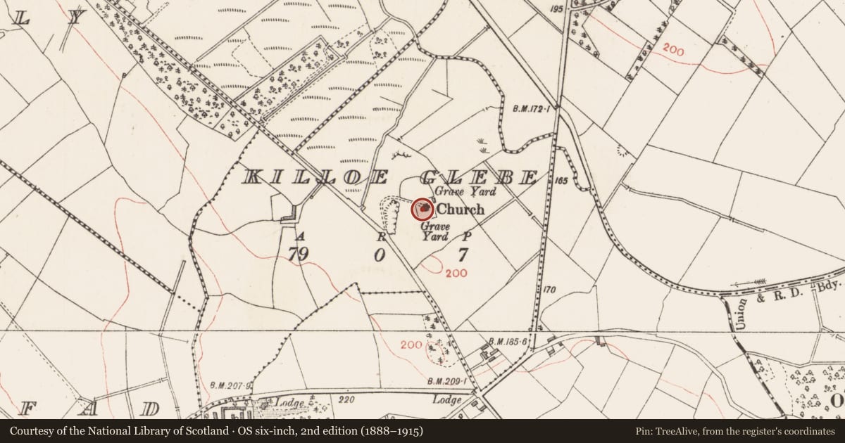 Ordnance Survey six-inch map, 2nd edition (1888–1915) covering the location of Graveyard, Killoe Glebe, County Longford, with a pin at the register's coordinates