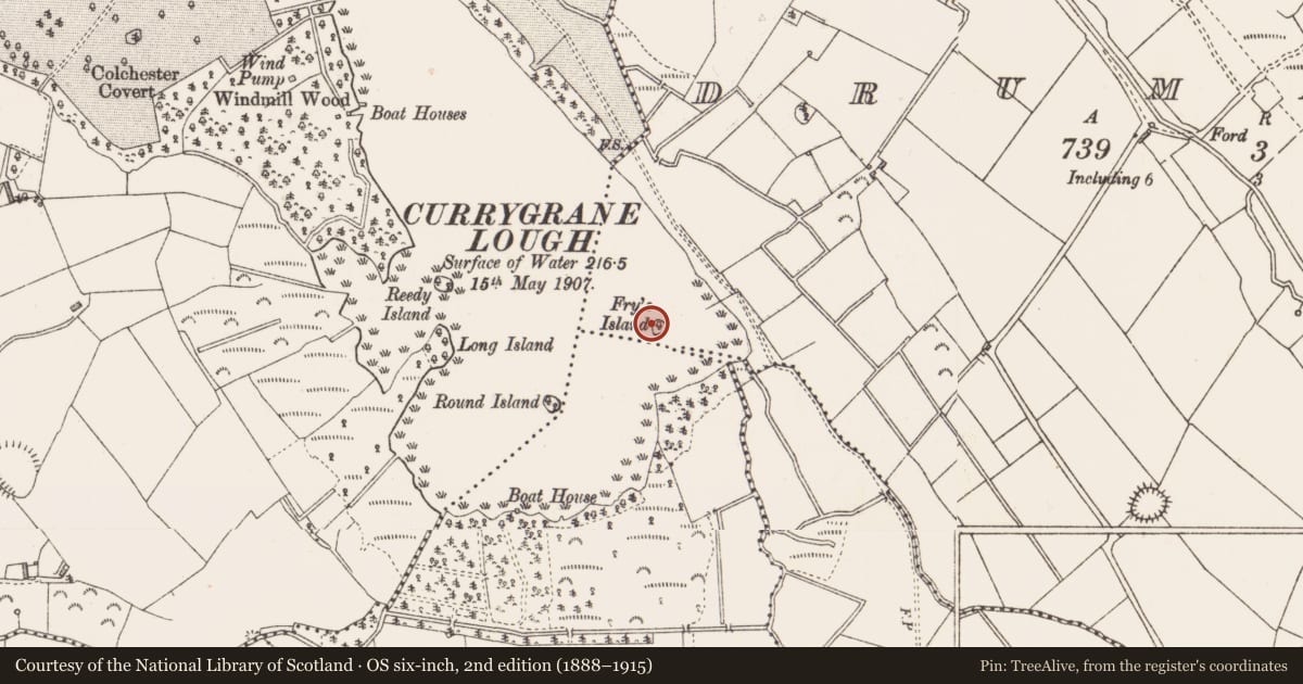 Ordnance Survey six-inch map, 2nd edition (1888–1915) covering the location of Crannog, Drummeel, County Longford, with a pin at the register's coordinates