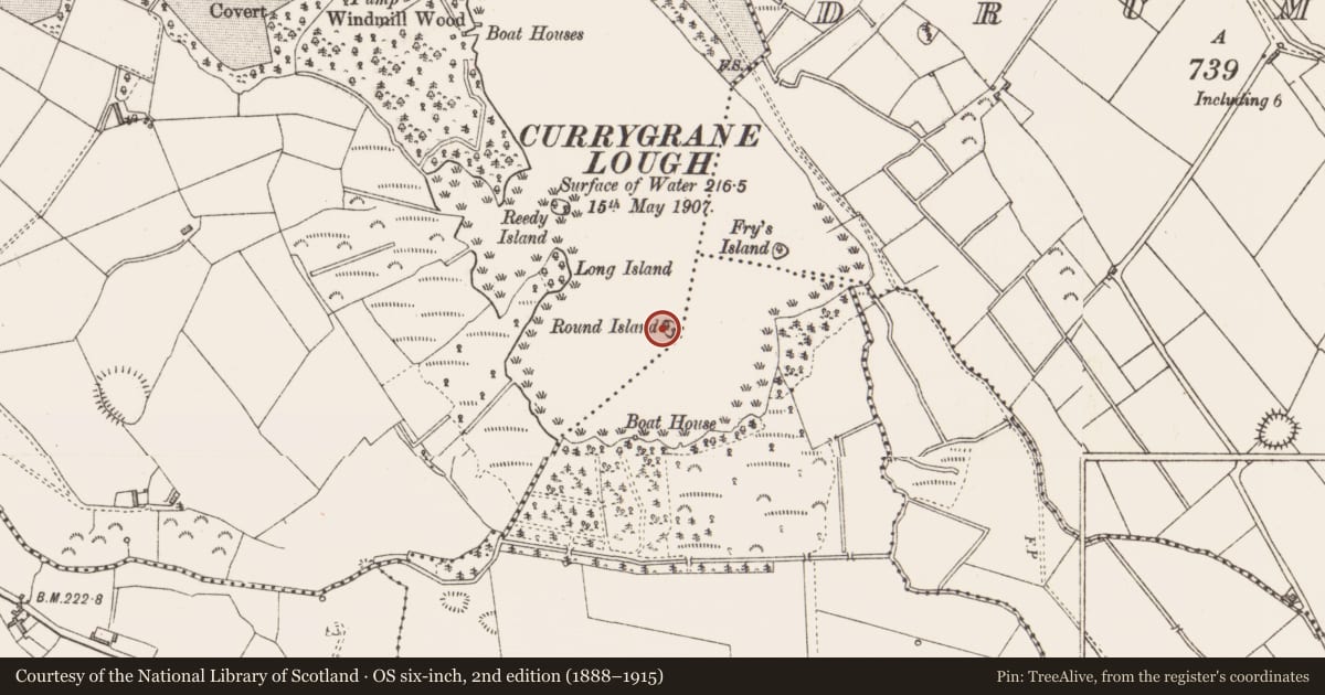 Ordnance Survey six-inch map, 2nd edition (1888–1915) covering the location of Crannog, Currygrane, County Longford, with a pin at the register's coordinates