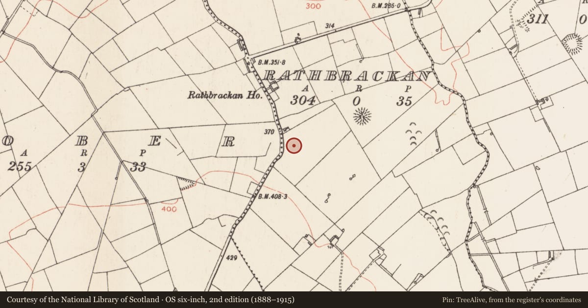 Ordnance Survey six-inch map, 2nd edition (1888–1915) covering the location of Enclosure, Rathbrackan, County Longford, with a pin at the register's coordinates