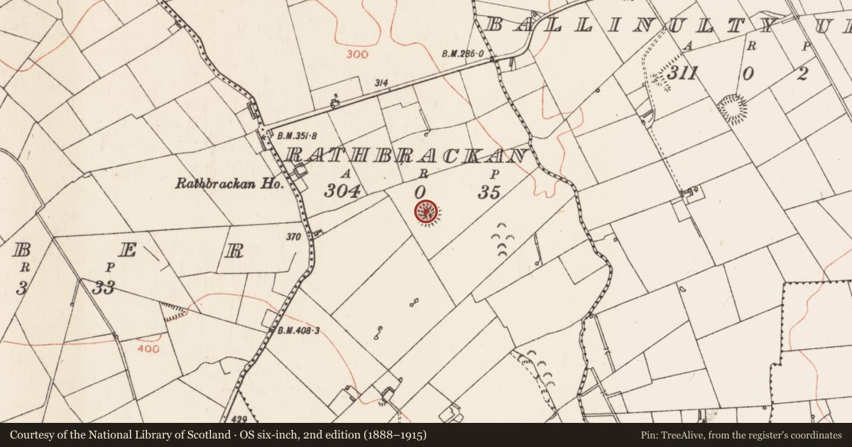 Ordnance Survey six-inch map, 2nd edition (1888–1915) covering the location of Ringfort - rath, Rathbrackan, County Longford, with a pin at the register's coordinates