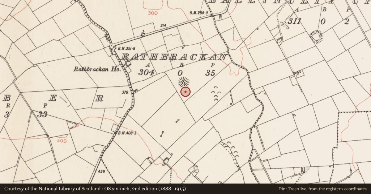 Ordnance Survey six-inch map, 2nd edition (1888–1915) covering the location of Ringfort - rath, Rathbrackan, County Longford, with a pin at the register's coordinates