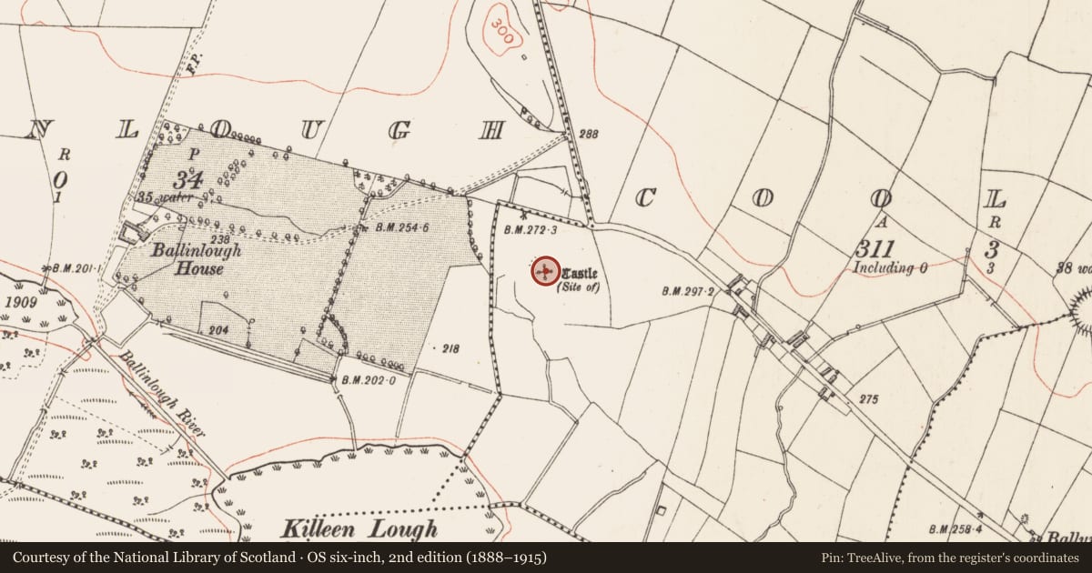 Ordnance Survey six-inch map, 2nd edition (1888–1915) covering the location of Castle - unclassified, Coolcor, County Longford, with a pin at the register's coordinates