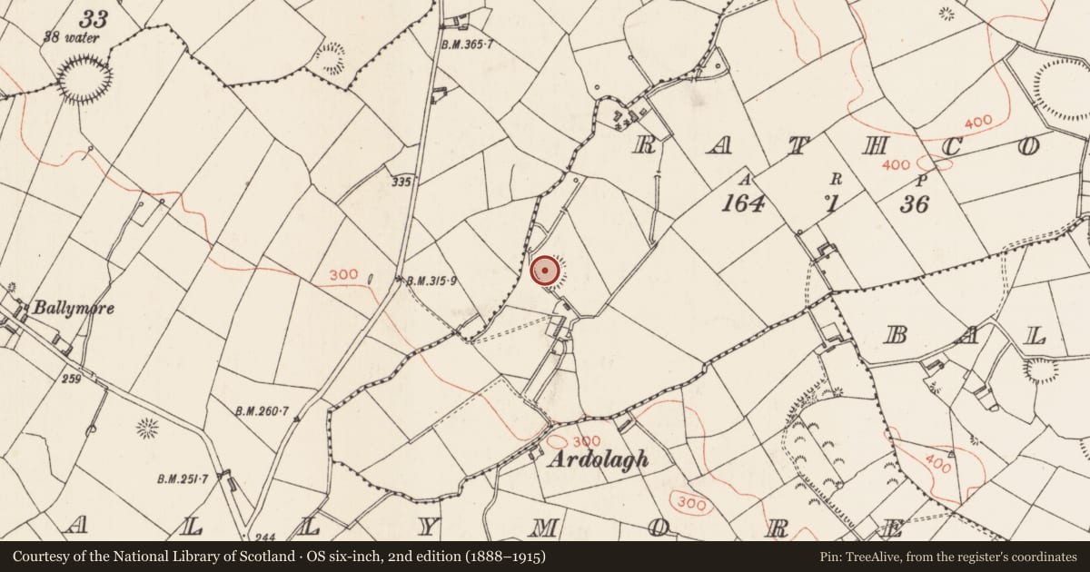 Ordnance Survey six-inch map, 2nd edition (1888–1915) covering the location of Ringfort - rath, Rathcor, County Longford, with a pin at the register's coordinates