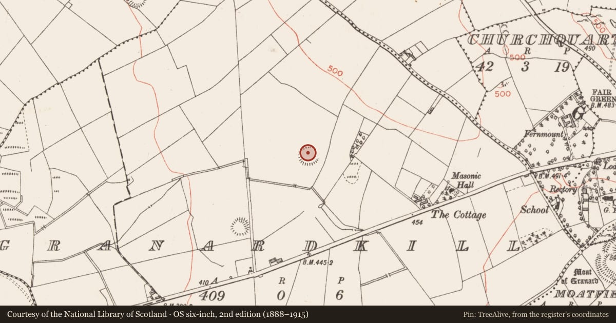 Ordnance Survey six-inch map, 2nd edition (1888–1915) covering the location of Ringfort - rath, Granardkill, County Longford, with a pin at the register's coordinates