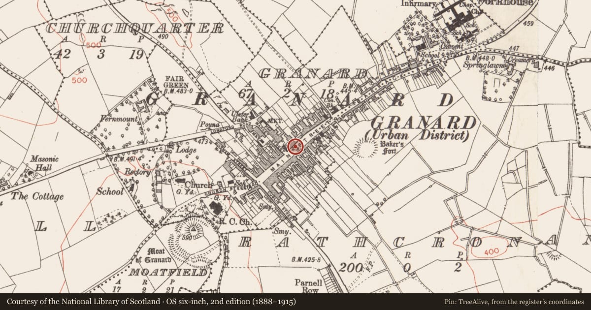 Ordnance Survey six-inch map, 2nd edition (1888–1915) covering the location of Historic town, County Longford, with a pin at the register's coordinates