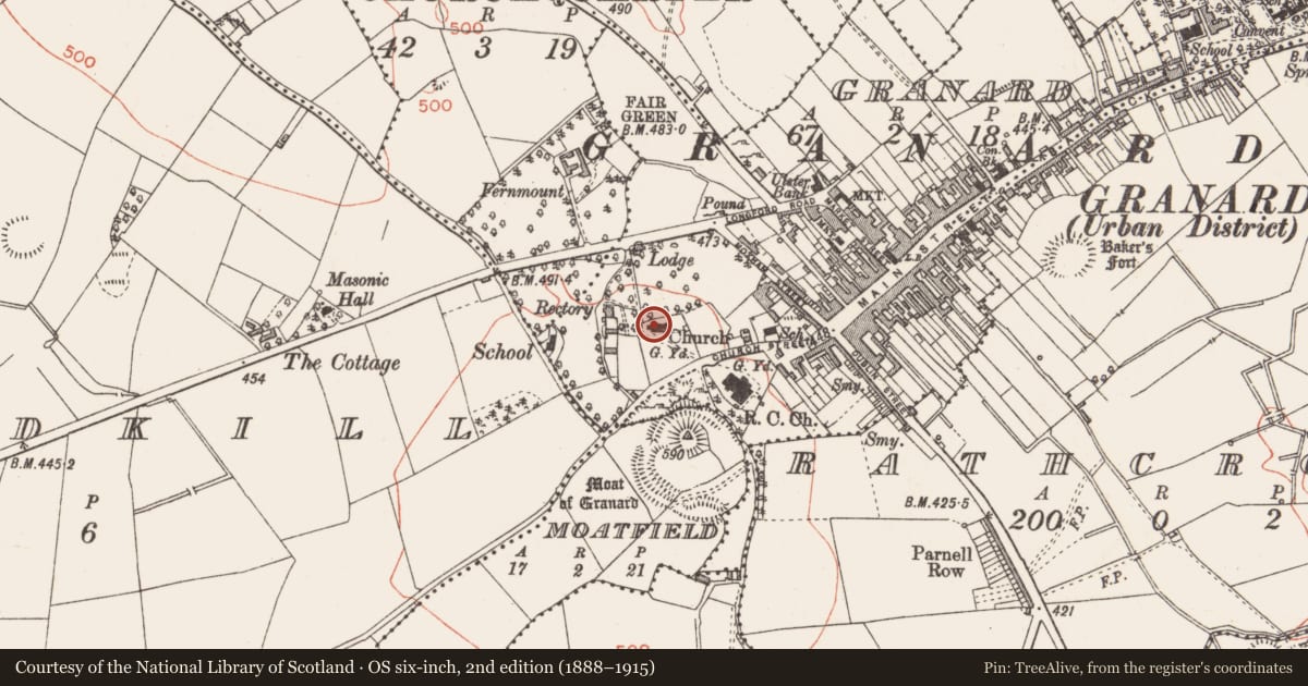 Ordnance Survey six-inch map, 2nd edition (1888–1915) covering the location of Church, Granard, County Longford, with a pin at the register's coordinates