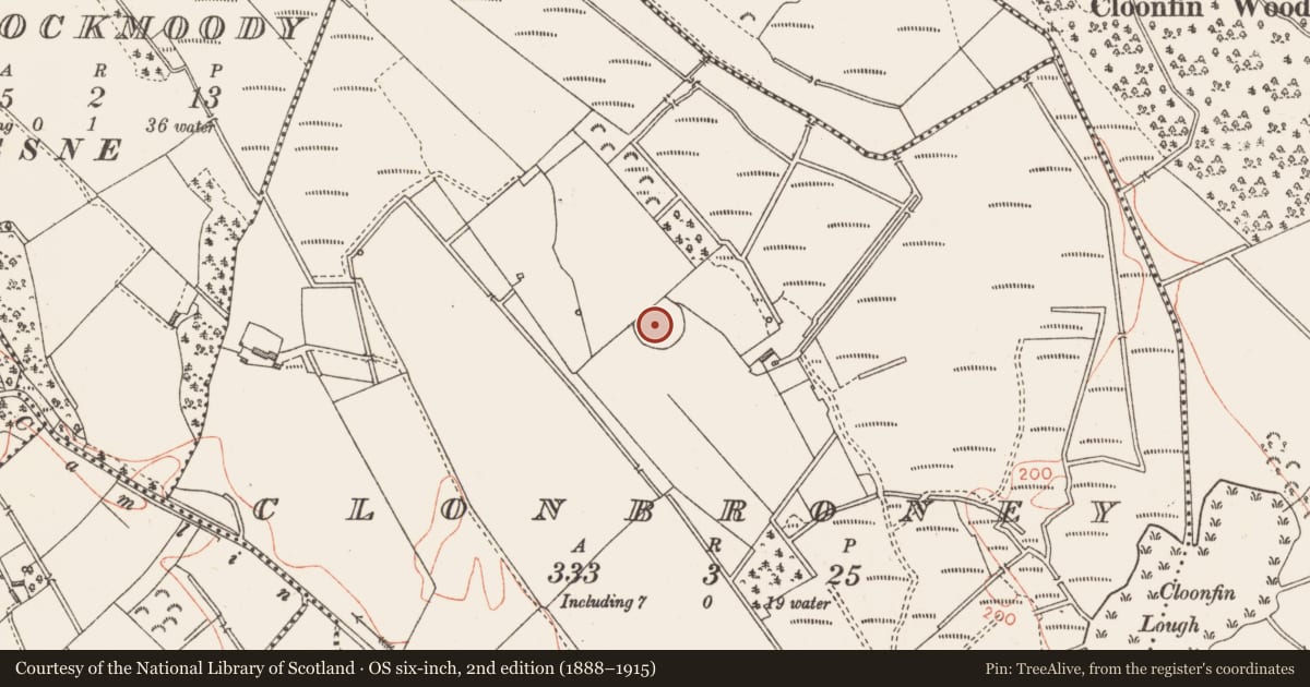 Ordnance Survey six-inch map, 2nd edition (1888–1915) covering the location of Enclosure, Clonbroney, County Longford, with a pin at the register's coordinates