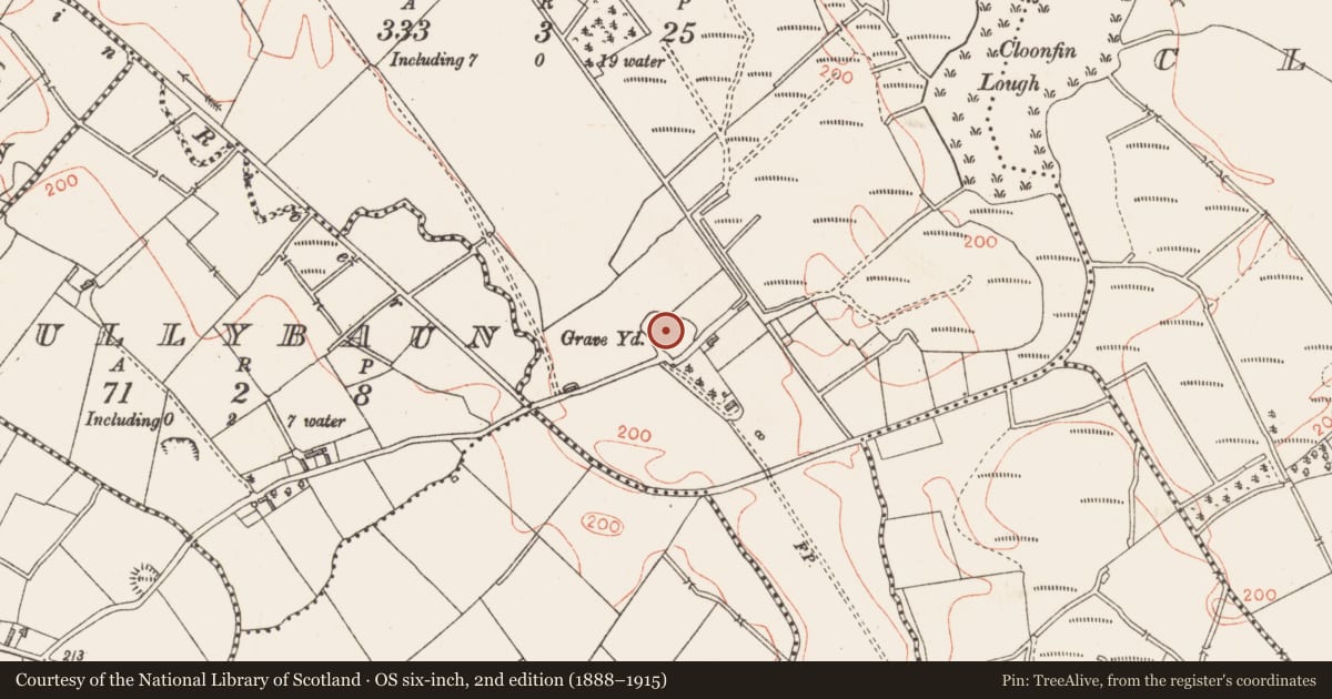 Ordnance Survey six-inch map, 2nd edition (1888–1915) covering the location of Graveyard, Clonbroney, County Longford, with a pin at the register's coordinates