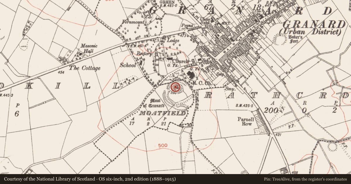 Ordnance Survey six-inch map, 2nd edition (1888–1915) covering the location of Inauguration site, Moatfield, County Longford, with a pin at the register's coordinates