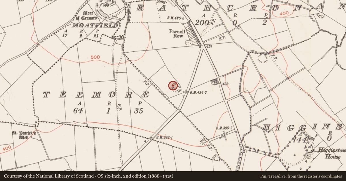 Ordnance Survey six-inch map, 2nd edition (1888–1915) covering the location of Ringfort - rath, Rathcronan, County Longford, with a pin at the register's coordinates