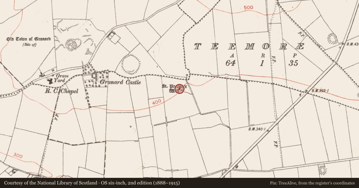 Ordnance Survey six-inch map, 2nd edition (1888–1915) covering the location of Ritual site - holy well, Cartron, County Longford, with a pin at the register's coordinates