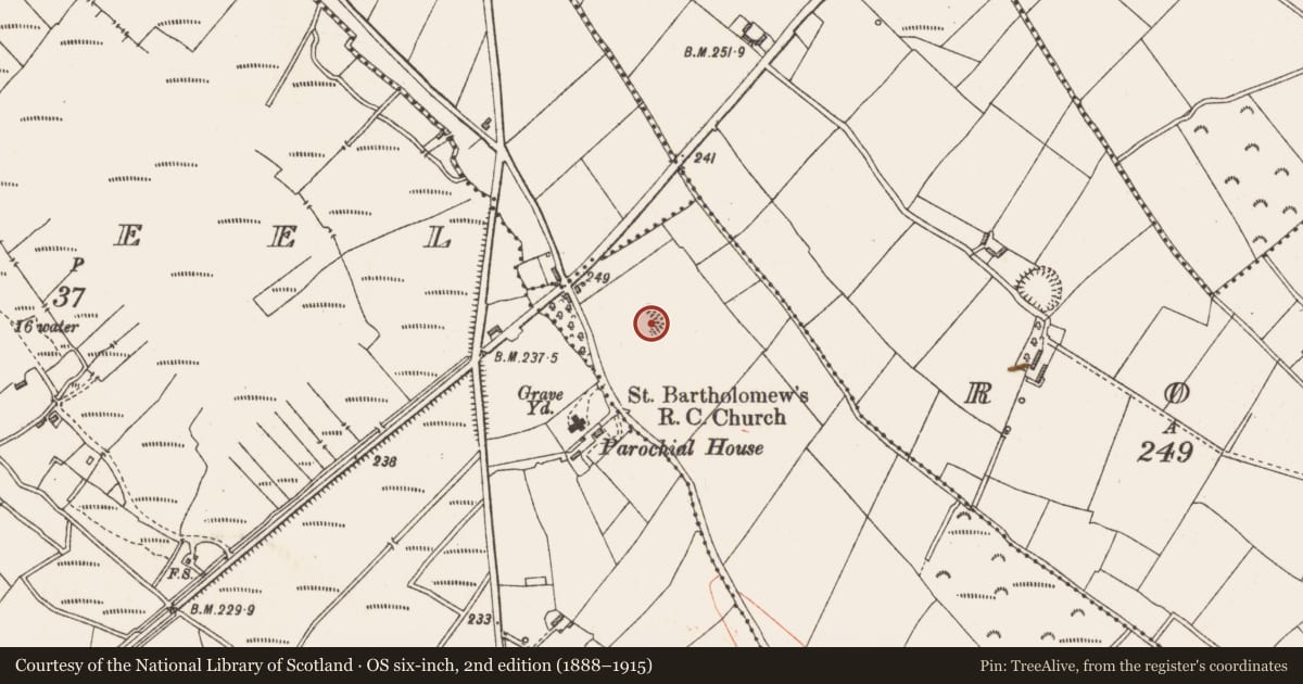 Ordnance Survey six-inch map, 2nd edition (1888–1915) covering the location of Moated site, Breaghy, County Longford, with a pin at the register's coordinates