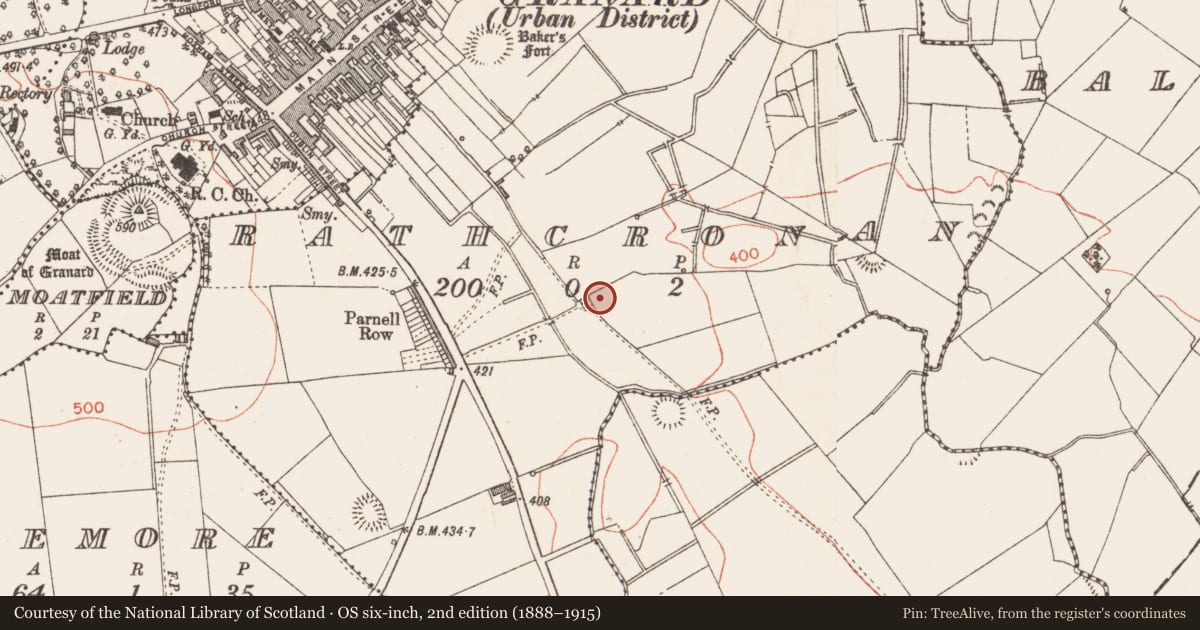 Ordnance Survey six-inch map, 2nd edition (1888–1915) covering the location of Standing stone, Rathcronan, County Longford, with a pin at the register's coordinates