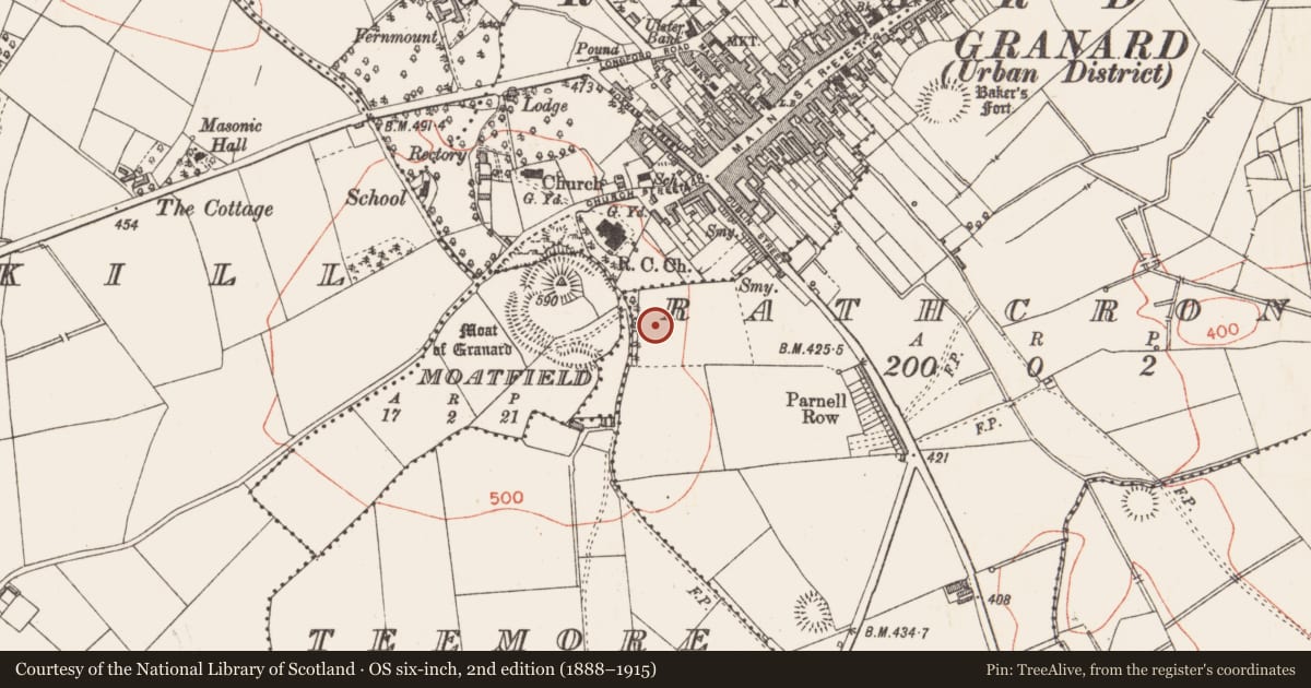 Ordnance Survey six-inch map, 2nd edition (1888–1915) covering the location of Excavation - miscellaneous, Rathcronan, County Longford, with a pin at the register's coordinates