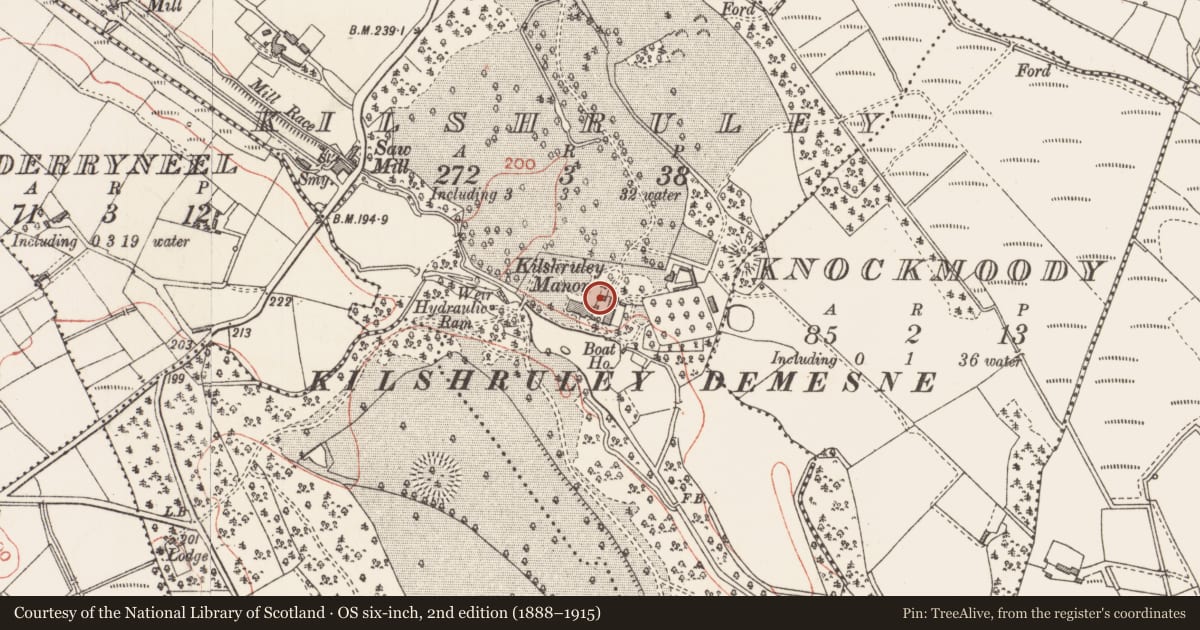 Ordnance Survey six-inch map, 2nd edition (1888–1915) covering the location of Memorial stone (present location), Kilshruley, County Longford, with a pin at the register's coordinates