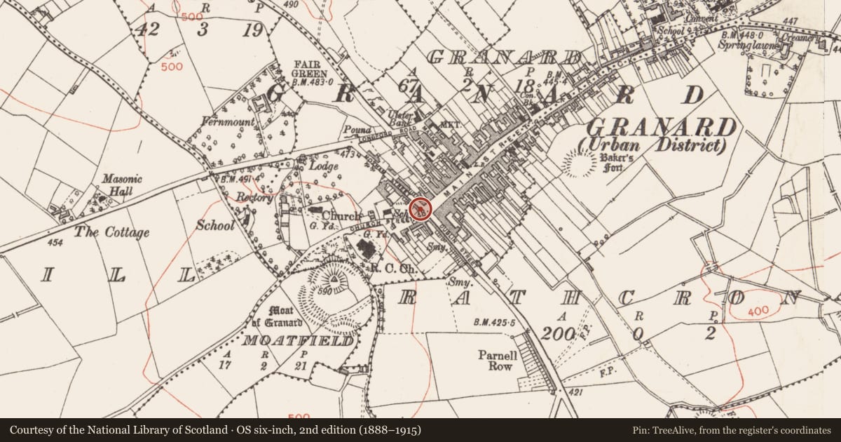 Ordnance Survey six-inch map, 2nd edition (1888–1915) covering the location of Battlefield, County Longford, with a pin at the register's coordinates