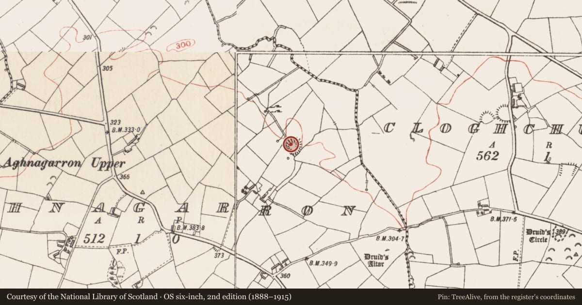 Ordnance Survey six-inch map, 2nd edition (1888–1915) covering the location of Moated site, Aghnagarron, County Longford, with a pin at the register's coordinates